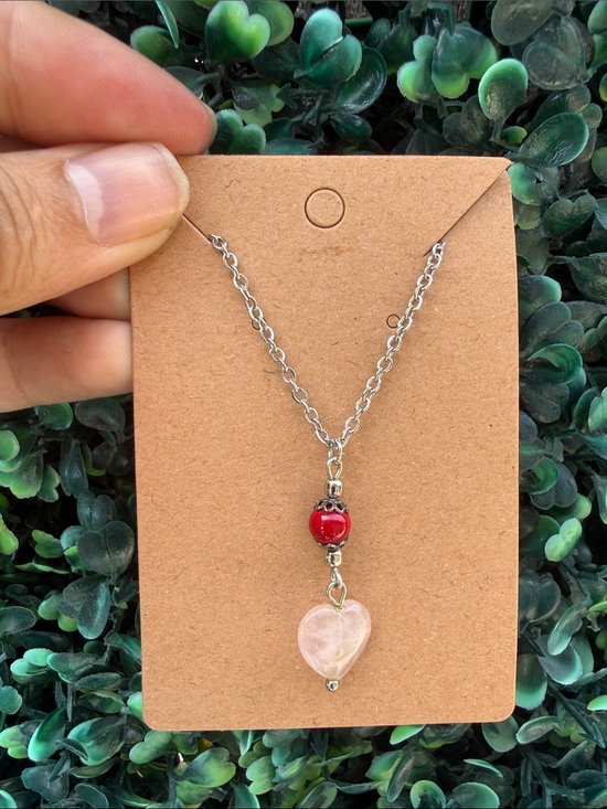Jewelry - Repurposed Stainless Steel Chain Necklace with Red Bead and Pink Heart Pendant